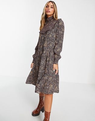 French Connection Faith drape high neck tiered midi dress in brown animal print