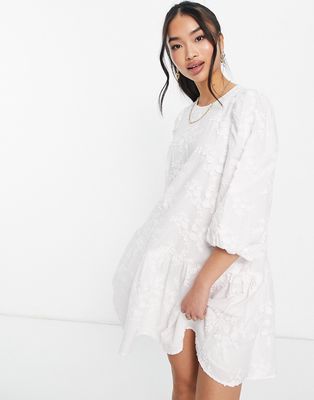 & Other Stories organic cotton embroidered smock mini dress in white