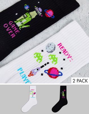 ASOS DESIGN 2 pack sports socks with gaming space designs-Multi