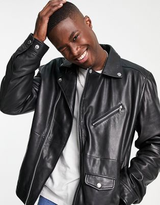 Barneys Originals leather oversized moto jacket in black