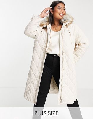 Ever New Curve diamond quilted padded coat with faux fur hood trim in cream-White