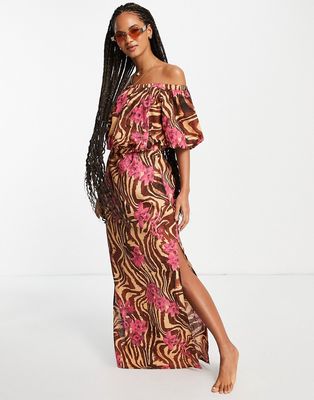 ASOS DESIGN off shoulder maxi beach dress in zebra tropical-Multi