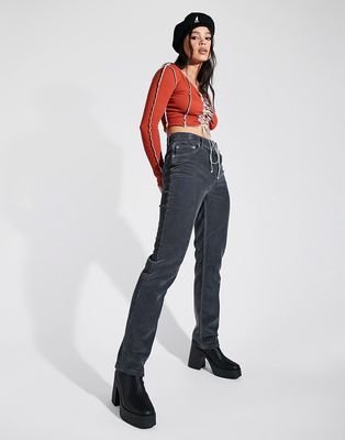 ASOS DESIGN mid rise '90s' straight leg jeans in granite cord-Grey