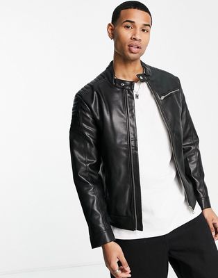 Pull & Bear faux leather biker jacket in black