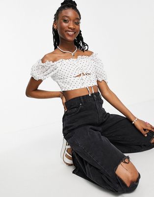 Collective the Label cut out tie crop top in mono mini heart print - part of a set-White