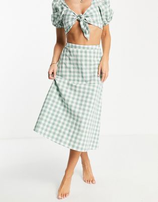 Fashion Union Exclusive midi beach skirt in green gingham - part of a set-Multi