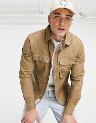 Native Youth long sleeve shirt with contrast stitch in taupe-Green