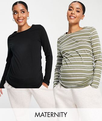 River Island Maternity 2 pack striped long sleeve T-shirt in khaki and black-Green