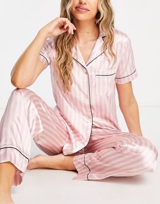 Lipsy short sleeve shirt and pant pajama set in pink stripe