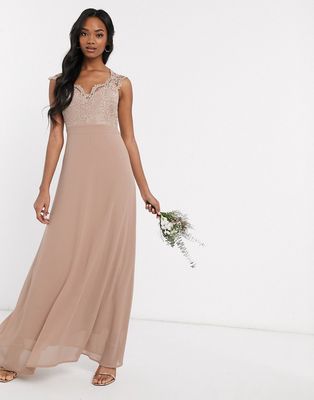 TFNC Bridesmaid scalloped lace top dress in mink-Brown