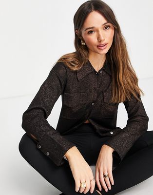 Fashion Union fitted longline shirt in sparkle knit - part of a set-Brown