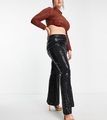 In The Style Plus exclusive sequin wide leg flares in black