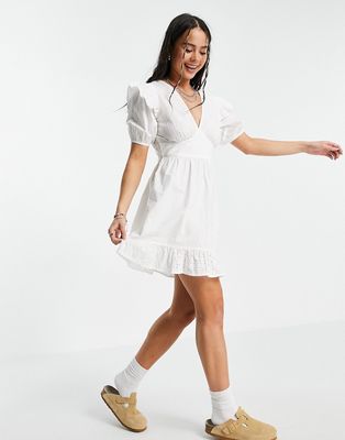 Violet Romance lace up back mini dress with eyelet details in white