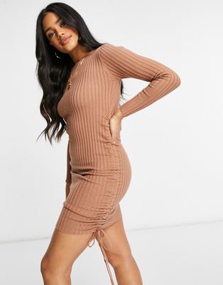 Parallel Lines body-conscious mini knit dress with ruched sides in brown
