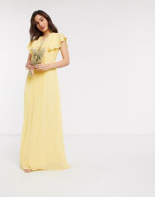 TFNC bridesmaid lace detail maxi dress with flutter sleeve in lemon-Yellow