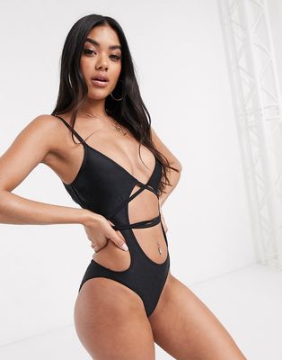 Luxe Palm cross front exposed swimsuit-Black