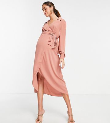ASOS DESIGN Maternity collared wrap midi dress with tie belt in terracotta-Pink