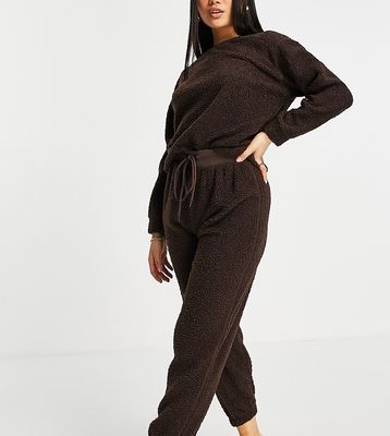 ASOS DESIGN Petite lounge fleece sweatshirt & sweatpant set in brown