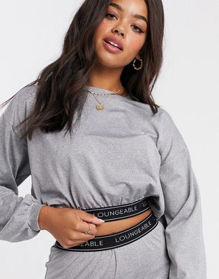 Loungeable balloon sleeve lounge crop top with logo elastic detail in gray marl