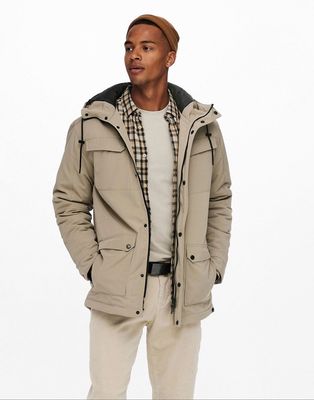 Only & Sons heavy hooded parka in beige-Neutral