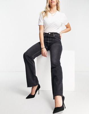 River Island 90s high rise straight cut jeans with slit hem in black