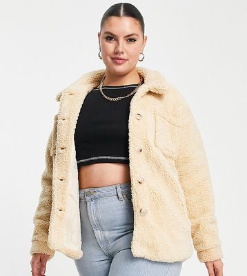 In The Style Plus x Billie Faiers teddy shacket in stone-Neutral