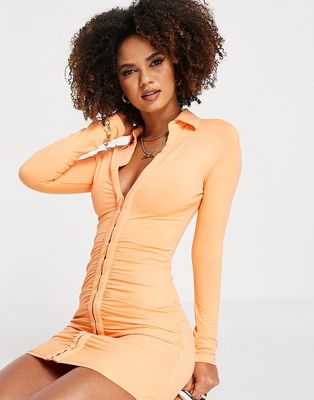Simmi plunge front collar detail ruched mini dress in orange