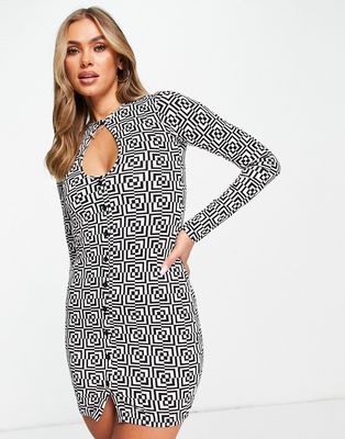 Motel body-conscious button up mini dress with cut out in retro optic print-Multi