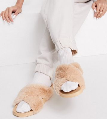 ASOS DESIGN Wide Fit Fiona cross strap furry sliders in caramel-Neutral