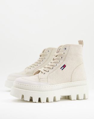 Tommy Jeans flag logo lace-up boots in beige-Neutral