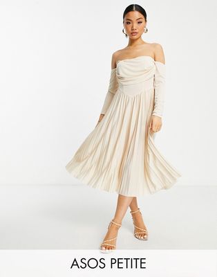 ASOS DESIGN Petite off the shoulder corset detail pleated midi dress in stone-Neutral