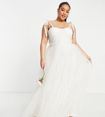 Lace & Beads Plus Bridal tie shoulder corset tulle midi dress in ivory-White