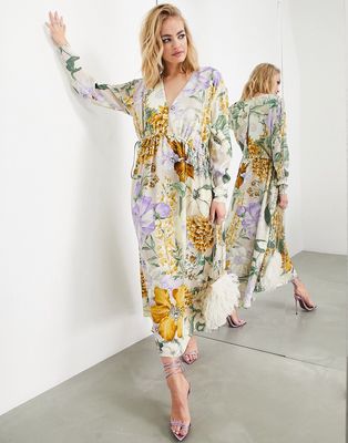 ASOS EDITION satin V-neck oversized midi dress with drawstring in large floral print-Multi