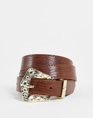 ASOS DESIGN waist and hip jeans belt with embellished buckle in brown