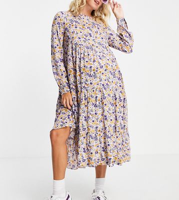 Pieces Maternity midi smock dress in lilac floral-Multi