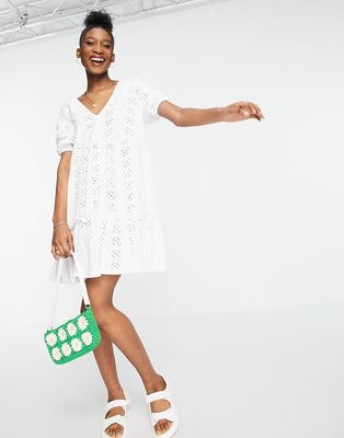 ASOS DESIGN broderie V-neck smock dress with puff sleeves in white