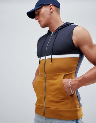 ASOS DESIGN muscle sleeveless zip up hoodie with color block-Yellow