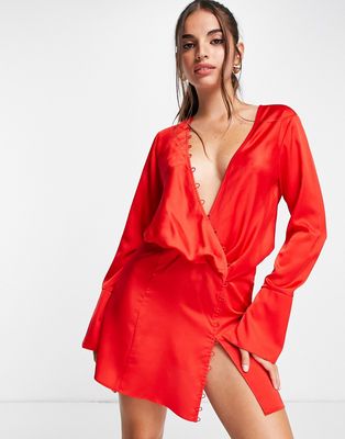 ASOS DESIGN bias cut drape mini dress with button detail in red
