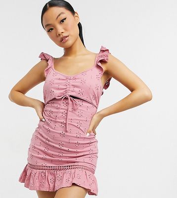 ASOS DESIGN Petite broderie mini sundress with cut out and ruffle straps in blush-Pink