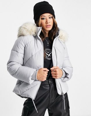 Topshop padded jacket with faux fur hood in gray-Grey