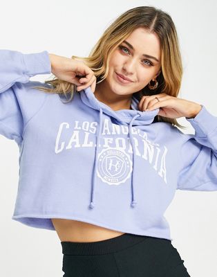 Hollister cropped collegiate logo hoodie in light blue