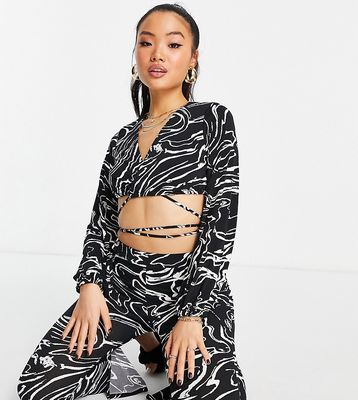 River Island Petite marble print strappy wrap crop top in black - part of a set