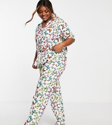 Daisy Street Plus short sleeve shirt and pajama bottoms set with scrunchie in bright butterfly print-Multi