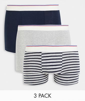 Selected Homme 3-pack trunks with plain waistband in heather & stripe-Multi