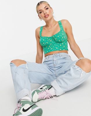 Motel crop top with ruch bust in green paisley print
