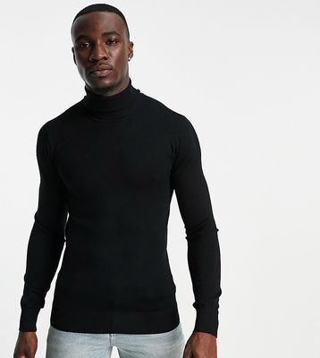 Gianni Feraud Tall premium muscle fit stretch roll neck fine gauge sweater-Black