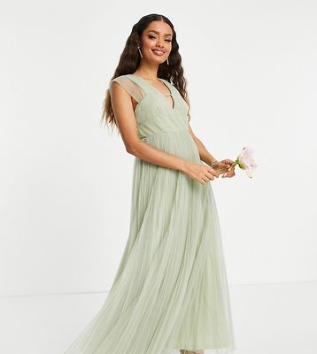ASOS DESIGN Petite tulle plunge maxi dress with shirred sleeves in sage-Green