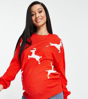 ASOS DESIGN Maternity Christmas sweater with reindeer pattern-Red
