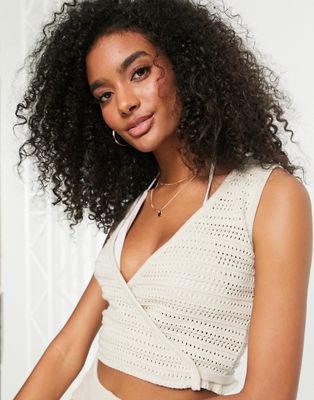 4th & Reckless Dannie knitted wrap beach top in cream - part of a set-White