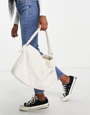 Glamorous slouchy shoulder bag in cream teddy fur-White